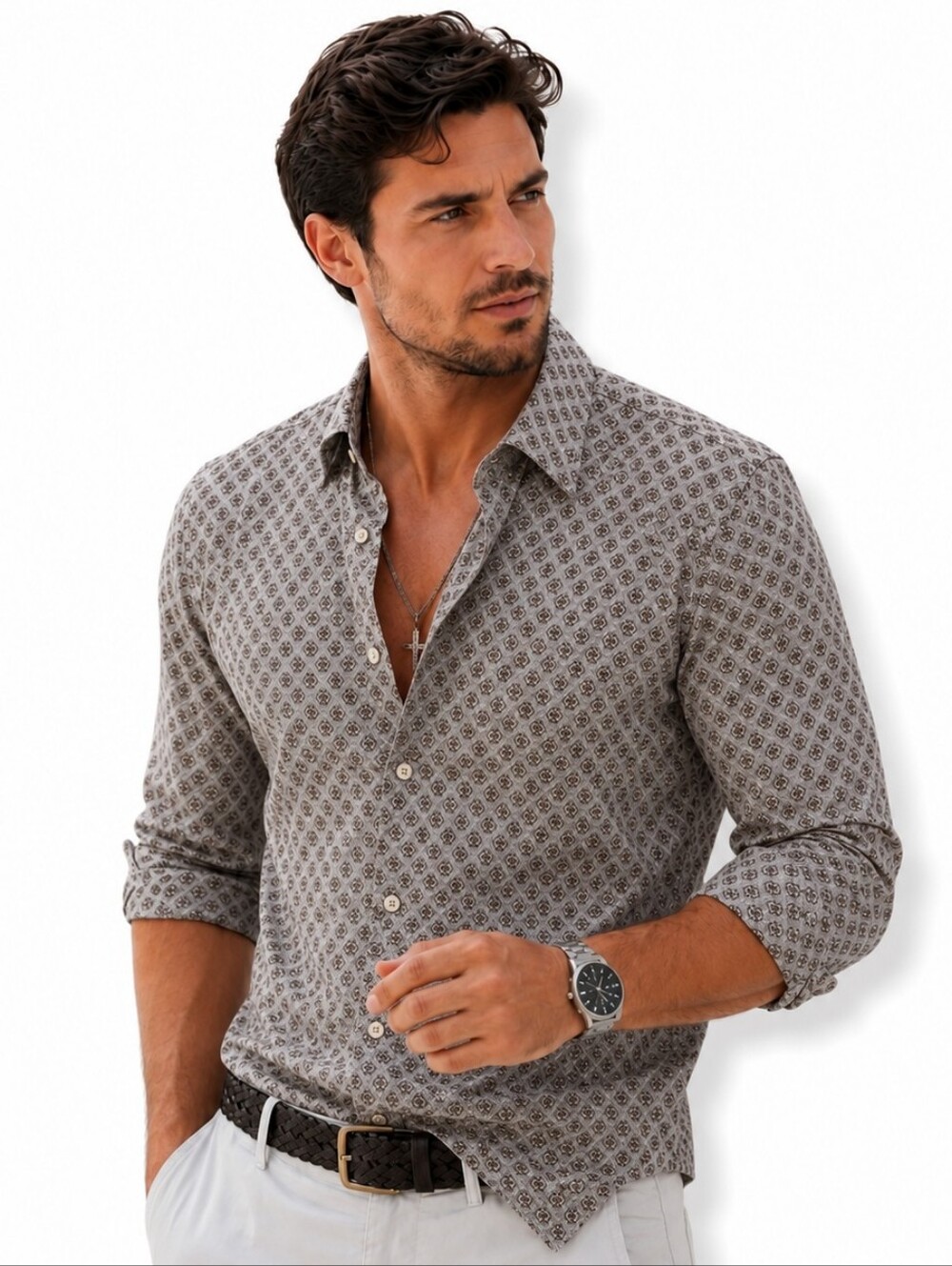 Reunion Menswear XL 100% Rayon Geometric Button Down Shirt Gray Resort Coastal